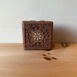 Vintage Indian Rosewood Trinket Box Hand-Carved Floral with Bone Inlay